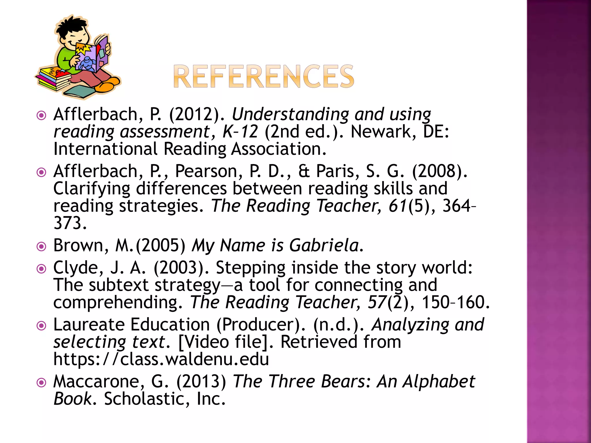  Afflerbach, P. (2012). Understanding and using 
reading assessment, K–12 (2nd ed.). Newark, DE: 
International Reading Association. 
 Afflerbach, P., Pearson, P. D., & Paris, S. G. (2008). 
Clarifying differences between reading skills and 
reading strategies. The Reading Teacher, 61(5), 364– 
373. 
 Brown, M.(2005) My Name is Gabriela. 
 Clyde, J. A. (2003). Stepping inside the story world: 
The subtext strategy—a tool for connecting and 
comprehending. The Reading Teacher, 57(2), 150–160. 
 Laureate Education (Producer). (n.d.). Analyzing and 
selecting text. [Video file]. Retrieved from 
https://class.waldenu.edu 
 Maccarone, G. (2013) The Three Bears: An Alphabet 
Book. Scholastic, Inc. 
 