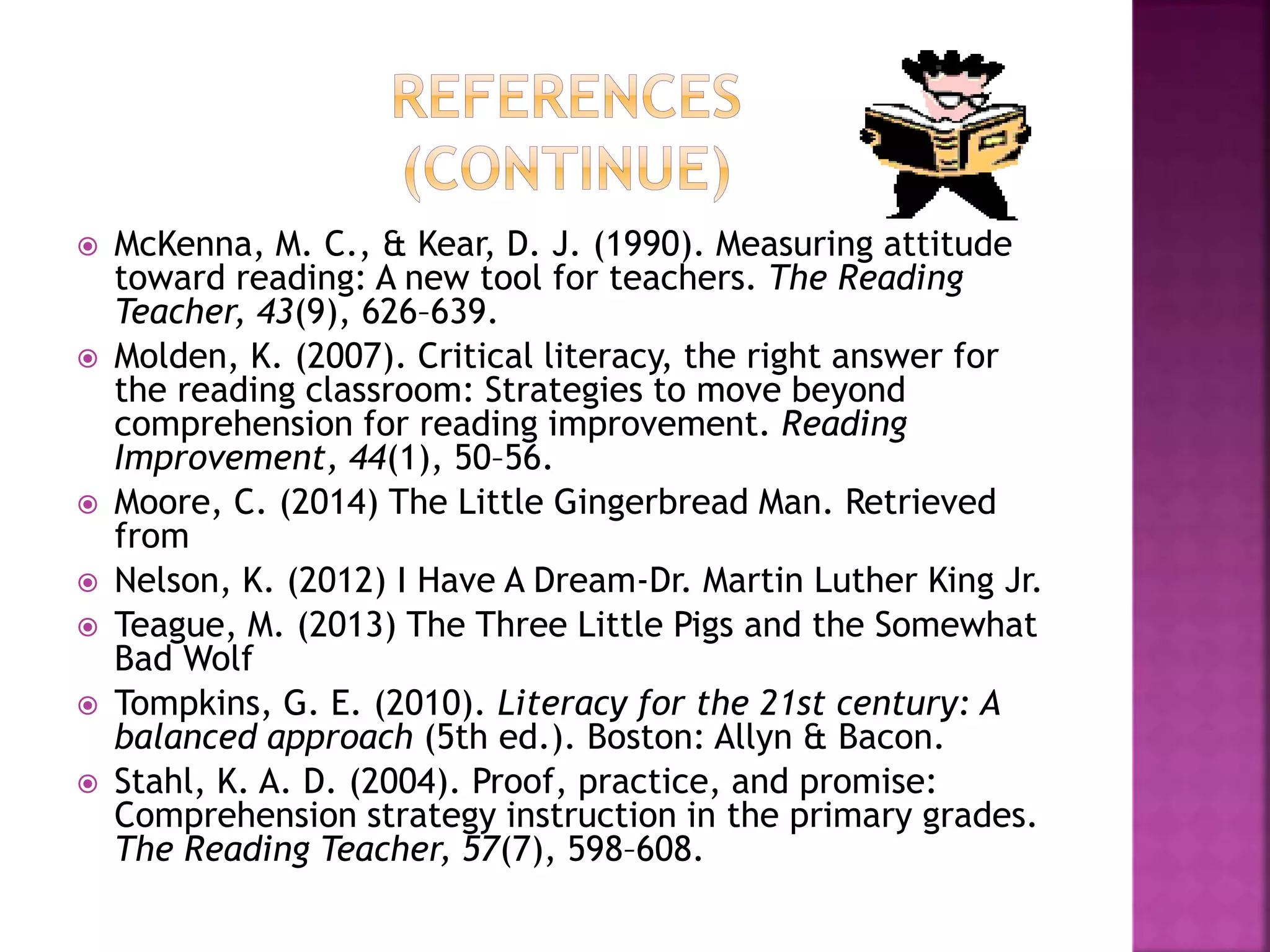  McKenna, M. C., & Kear, D. J. (1990). Measuring attitude 
toward reading: A new tool for teachers. The Reading 
Teacher, 43(9), 626–639. 
 Molden, K. (2007). Critical literacy, the right answer for 
the reading classroom: Strategies to move beyond 
comprehension for reading improvement. Reading 
Improvement, 44(1), 50–56. 
 Moore, C. (2014) The Little Gingerbread Man. Retrieved 
from 
 Nelson, K. (2012) I Have A Dream-Dr. Martin Luther King Jr. 
 Teague, M. (2013) The Three Little Pigs and the Somewhat 
Bad Wolf 
 Tompkins, G. E. (2010). Literacy for the 21st century: A 
balanced approach (5th ed.). Boston: Allyn & Bacon. 
 Stahl, K. A. D. (2004). Proof, practice, and promise: 
Comprehension strategy instruction in the primary grades. 
The Reading Teacher, 57(7), 598–608. 
