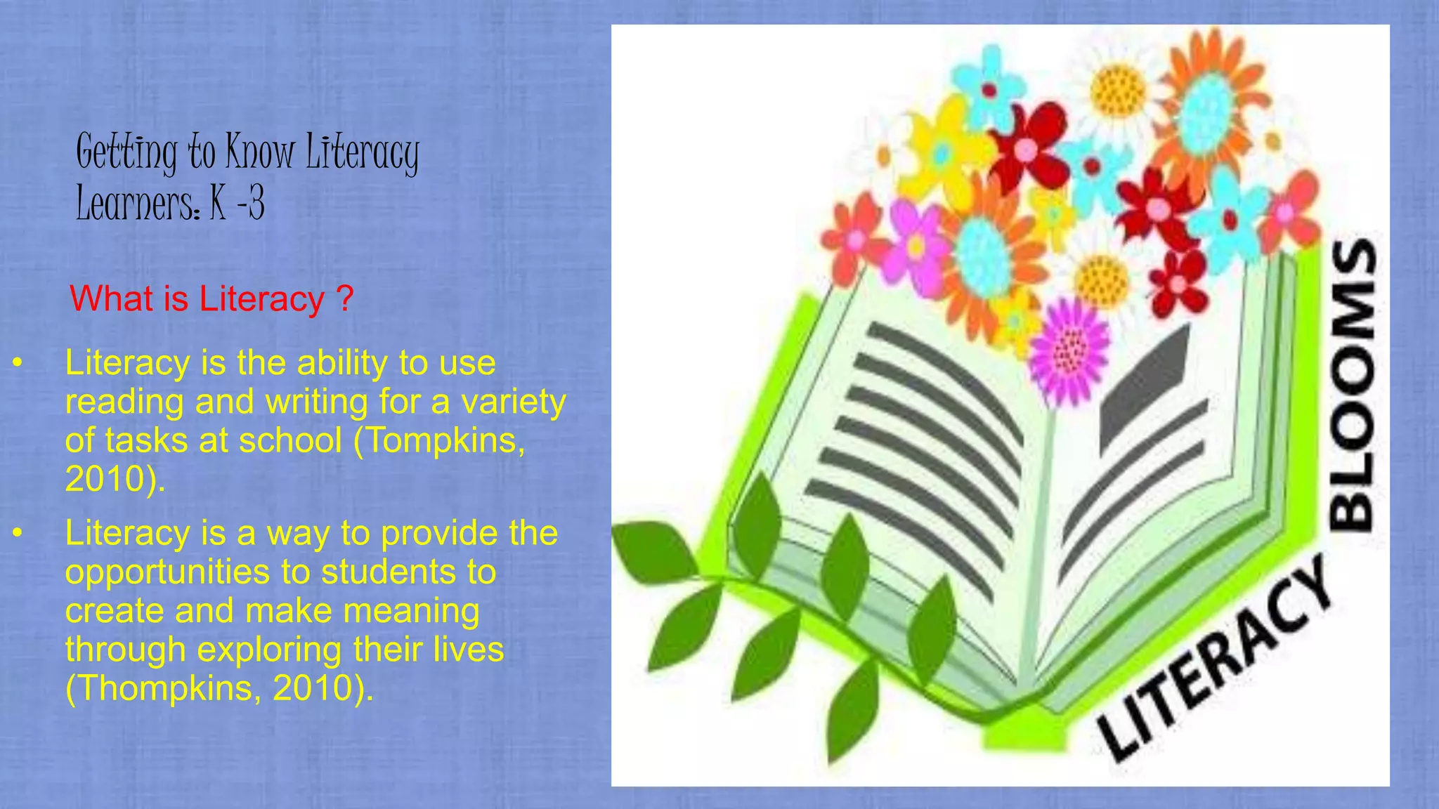 Getting to Know Literacy
Learners: K -3
What is Literacy ?
• Literacy is the ability to use
reading and writing for a variety
of tasks at school (Tompkins,
2010).
• Literacy is a way to provide the
opportunities to students to
create and make meaning
through exploring their lives
(Thompkins, 2010).
 