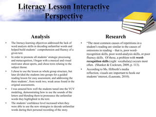 Literacy Lesson Interactive
Perspective
Analysis
• The literacy-learning objectives addressed the lack of
word analysis skills in decoding unfamiliar words and
helped build students’ comprehension and fluency of a
given text.
• In order to promote all students’ strategic processing
and metacognition, I began with a musical and visual
motivator about sports, and chose texts relating to the
subject theme.
• I chose to use the lesson as whole group structure, but
later divided the students into groups for a guided
reading lesson for easy assessment, and addressing the
three students’, from week two, weak areas found in the
original assessments.
• I was amazed how well the students tuned into the VCV
modeling, demonstrating how to use the sounds of the
letters and blending them to pronounce the unfamiliar
words they highlighted in the text.
• The students’ confidence level increased when they
were able to use the new strategies to decode unfamiliar
words during their personal recording of the story.
Research
• “The most common causes of repetitions in a
student’s reading are similar to the causes of
omissions in reading – that is, poor word-
recognition skills, poor word-analysis skills, or poor
fluency skills. Of these, a problem with word-
recognition skills (sight vocabulary) occurs most
often. (Shanker & Cockrum, 2009, p. 113).
• According to Ms. Hilbreth’s media
reflection, visuals are important to hook our
students’interest, (Laureate, 2010).
 