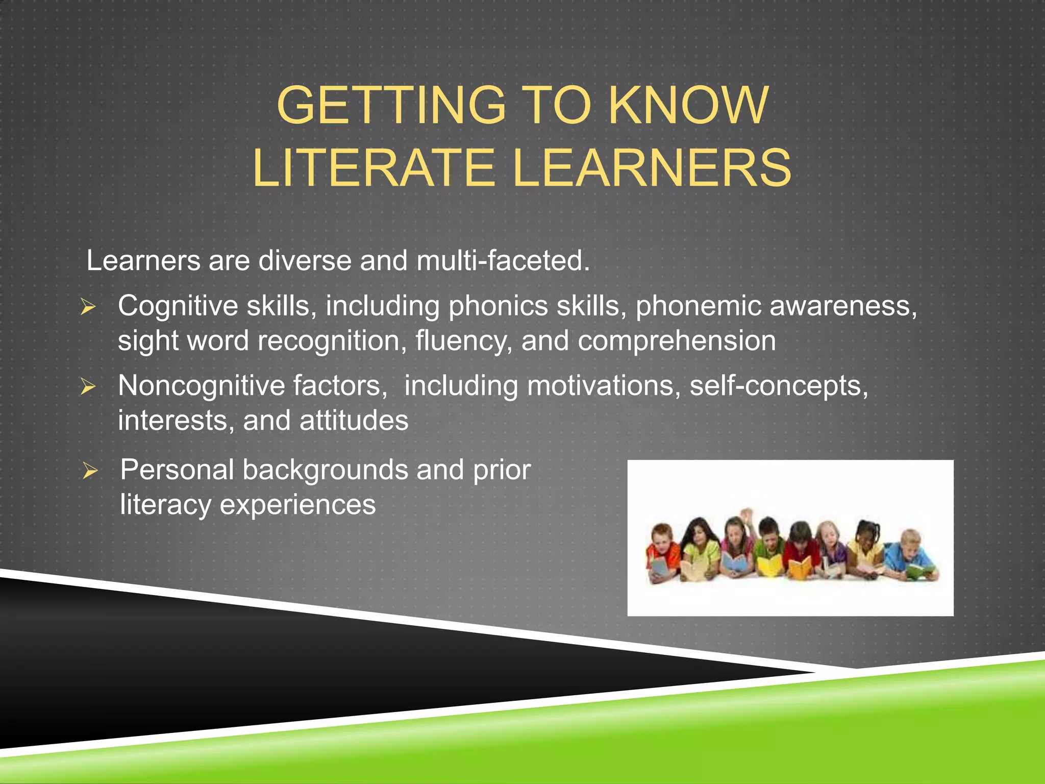 GETTING TO KNOW
              LITERATE LEARNERS
Learners are diverse and multi-faceted.
 Cognitive skills, including phonics skills, phonemic awareness,
   sight word recognition, fluency, and comprehension
 Noncognitive factors, including motivations, self-concepts,
   interests, and attitudes
 Personal backgrounds and prior
   literacy experiences
 