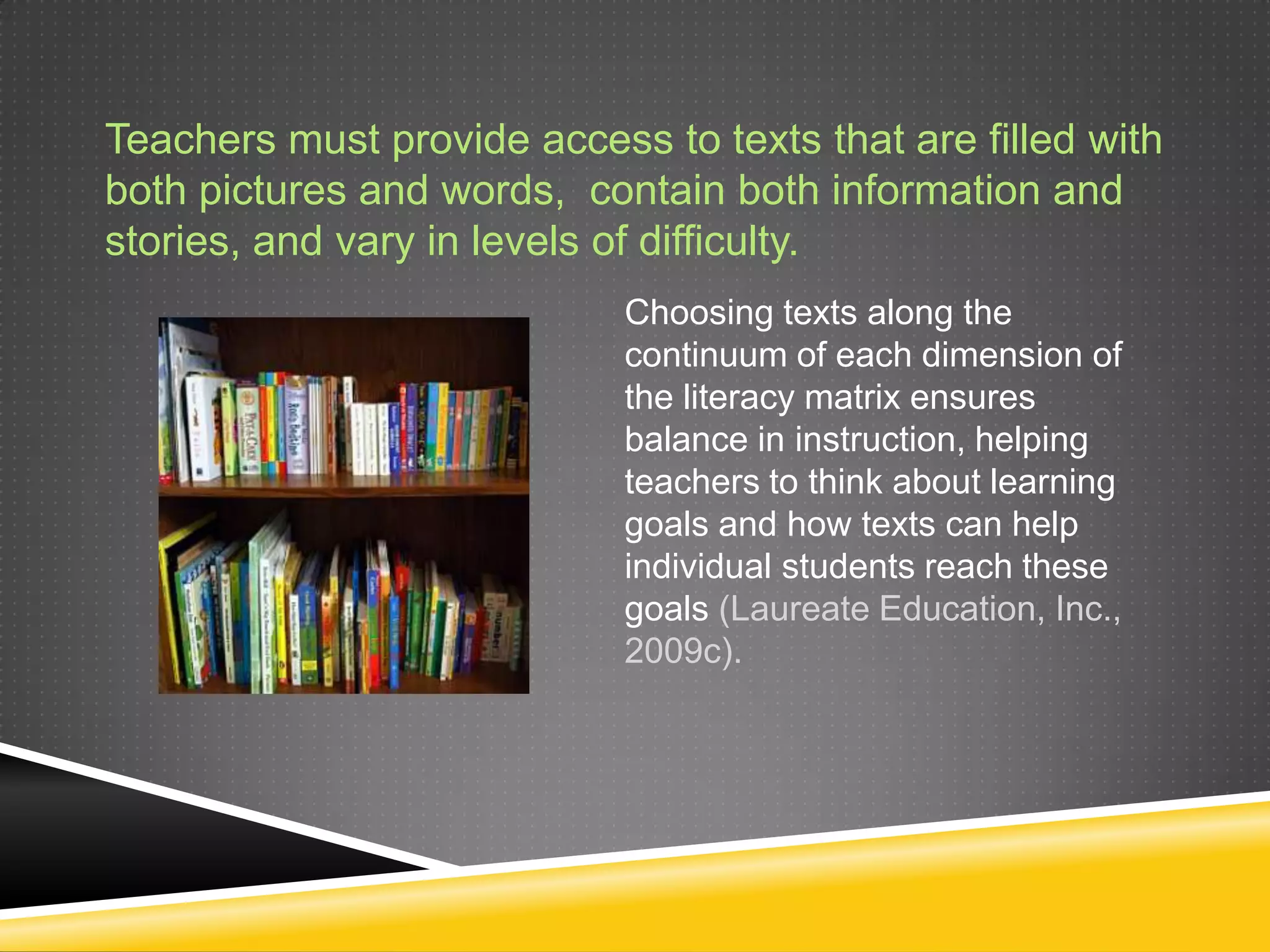 Teachers must provide access to texts that are filled with
both pictures and words, contain both information and
stories, and vary in levels of difficulty.
                            Choosing texts along the
                            continuum of each dimension of
                            the literacy matrix ensures
                            balance in instruction, helping
                            teachers to think about learning
                            goals and how texts can help
                            individual students reach these
                            goals (Laureate Education, Inc.,
                            2009c).
 