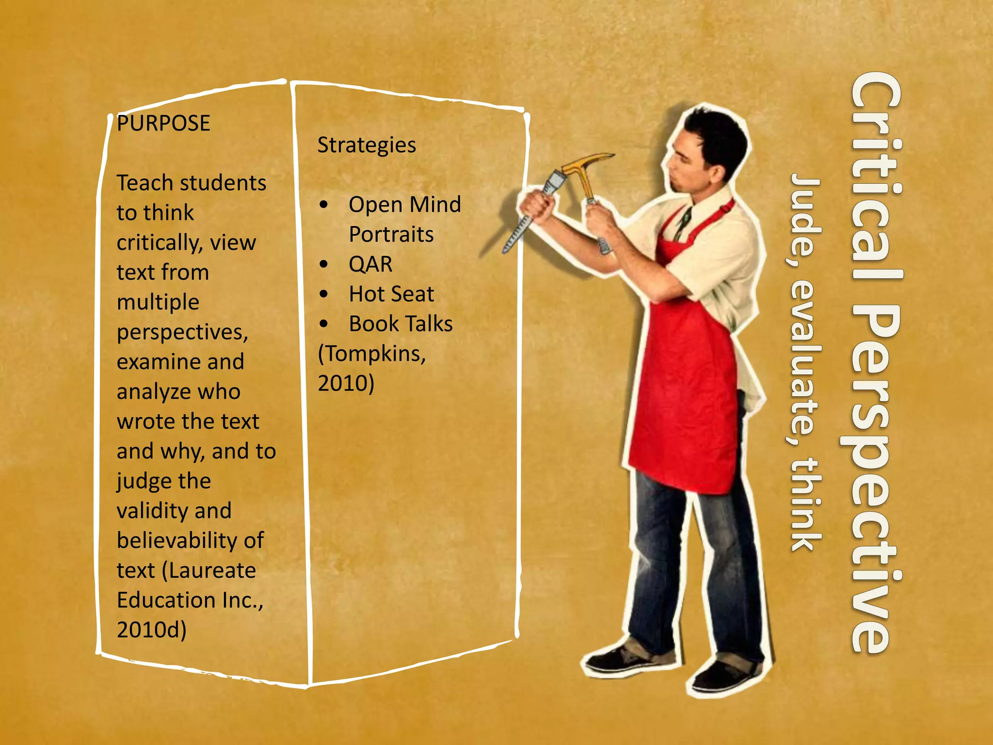 PURPOSE
                   Strategies
Teach students
to think           • Open Mind
critically, view      Portraits
text from          • QAR
multiple           • Hot Seat
perspectives,      • Book Talks
examine and        (Tompkins,
analyze who        2010)
wrote the text
and why, and to
judge the
validity and
believability of
text (Laureate
Education Inc.,
2010d)
 