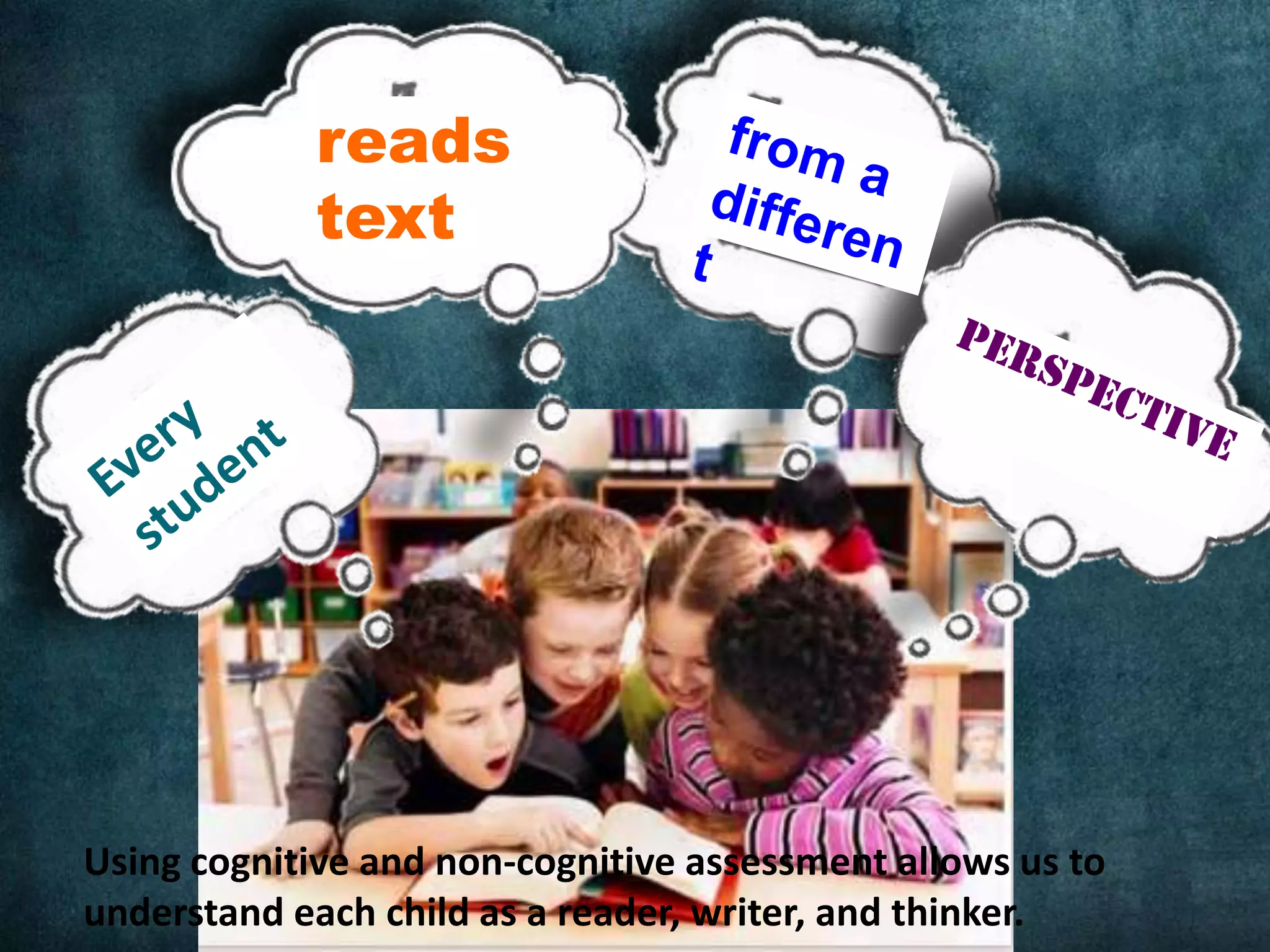 reads
            text




Using cognitive and non-cognitive assessment allows us to
understand each child as a reader, writer, and thinker.
 