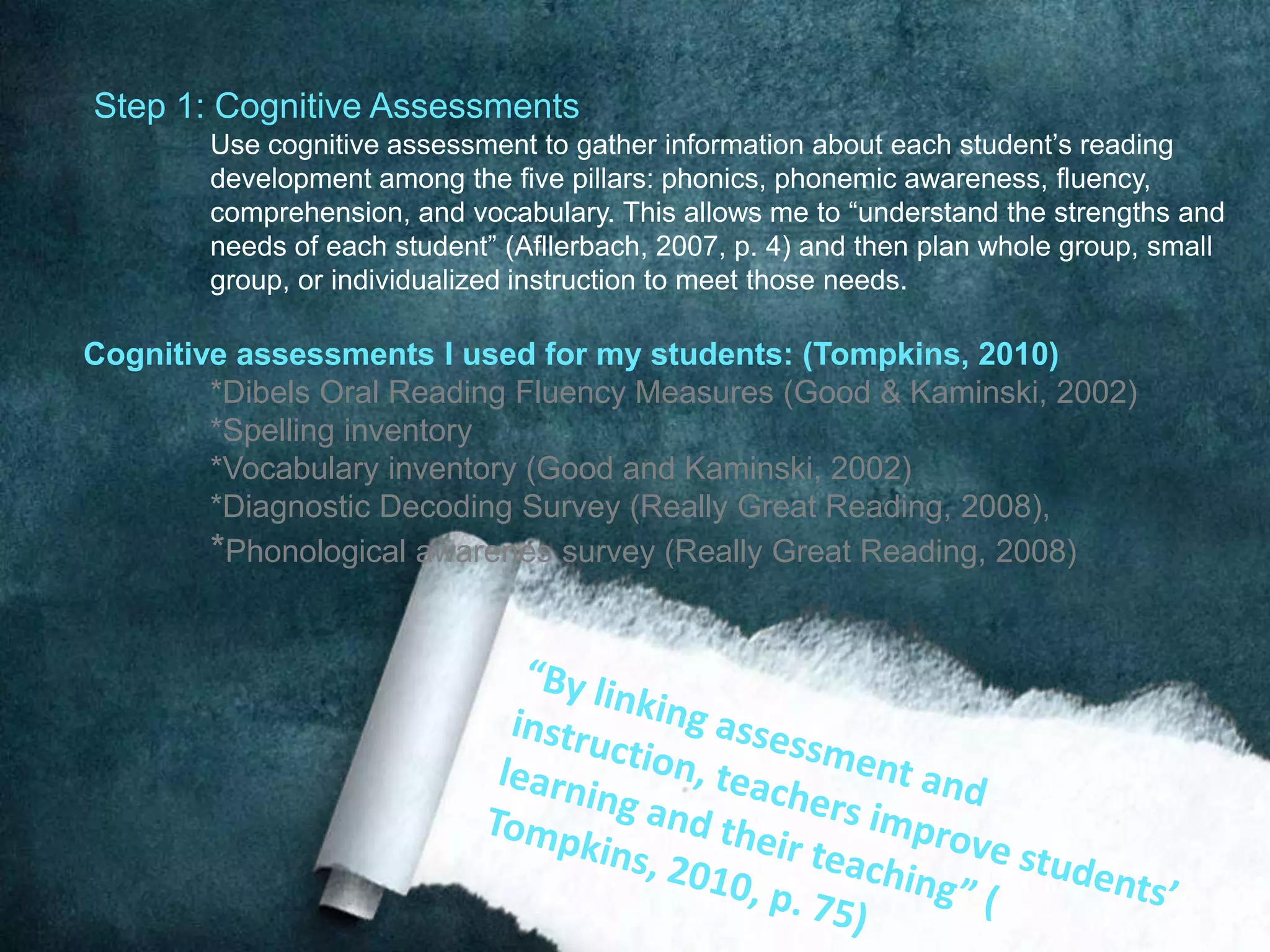 Step 1: Cognitive Assessments
        Use cognitive assessment to gather information about each student’s reading
        development among the five pillars: phonics, phonemic awareness, fluency,
        comprehension, and vocabulary. This allows me to “understand the strengths and
        needs of each student” (Afllerbach, 2007, p. 4) and then plan whole group, small
        group, or individualized instruction to meet those needs.

Cognitive assessments I used for my students: (Tompkins, 2010)
        *Dibels Oral Reading Fluency Measures (Good & Kaminski, 2002)
        *Spelling inventory
        *Vocabulary inventory (Good and Kaminski, 2002)
        *Diagnostic Decoding Survey (Really Great Reading, 2008),
        *Phonological awarenes survey (Really Great Reading, 2008)
 