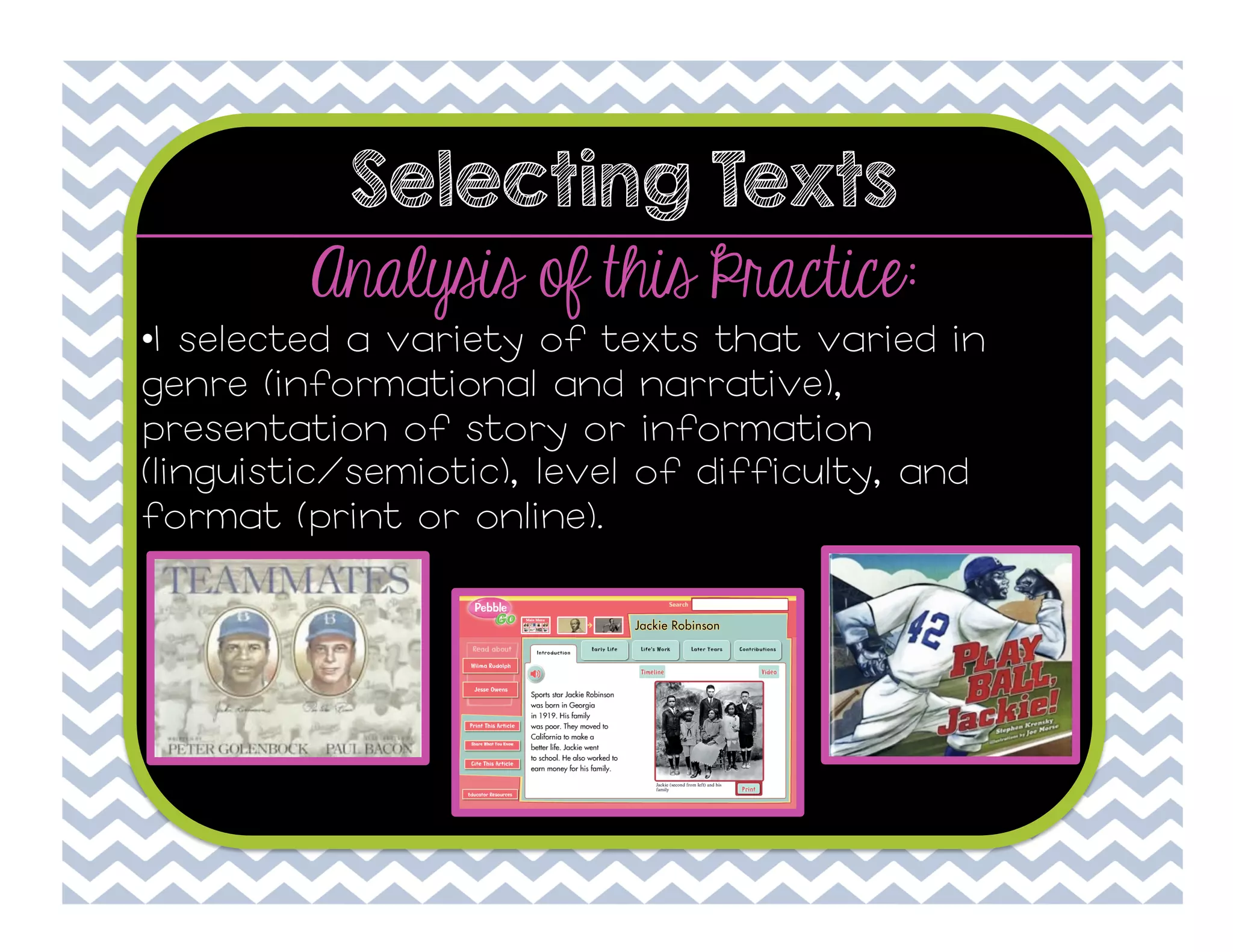 Selecting Texts

Analysis of this Practice:

• I selected a variety of texts that varied in
genre (informational and narrative),
presentation of story or information
(linguistic/semiotic), level of difficulty, and
format (print or online).

 