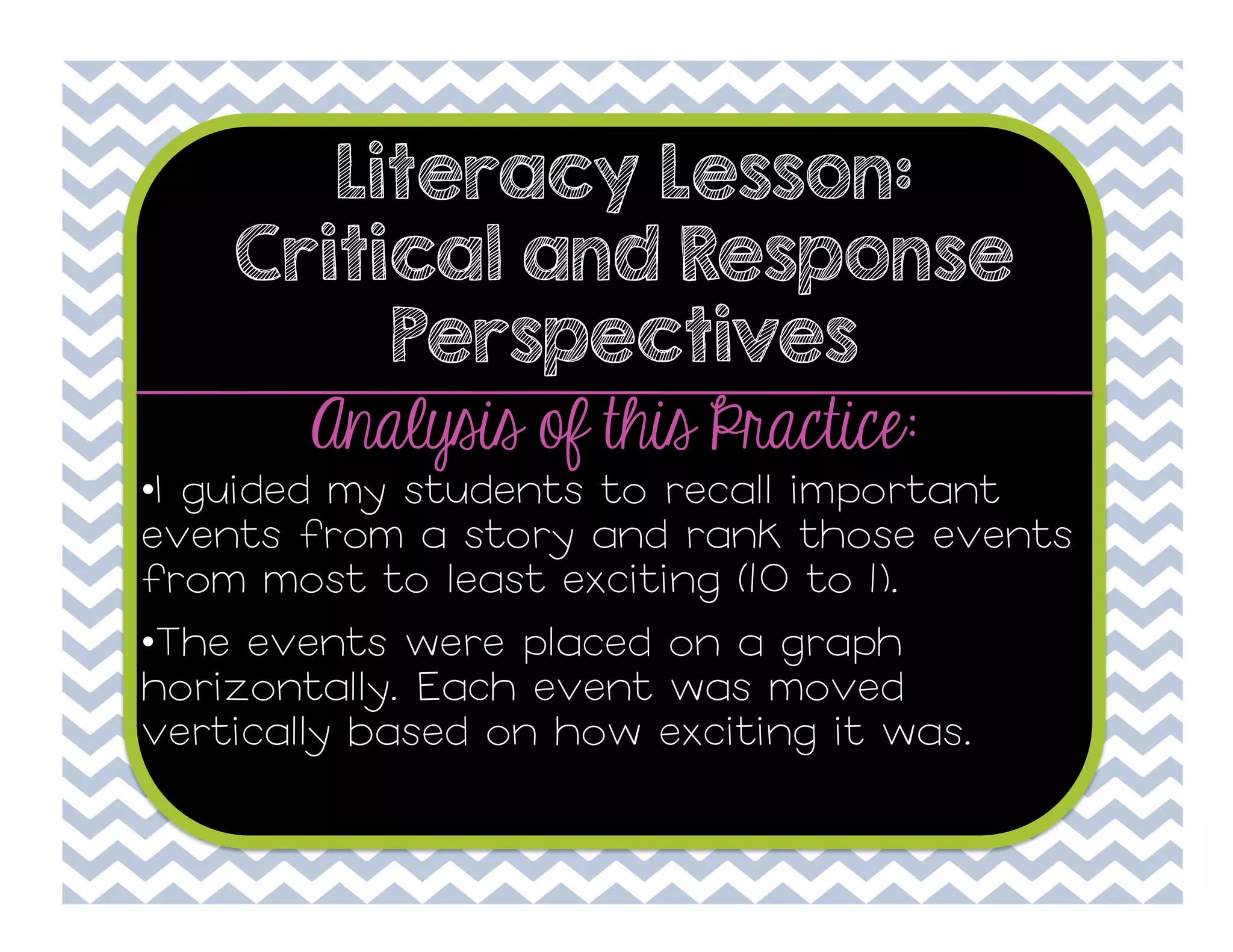 Literacy Lesson:
Critical and Response
Perspectives

Analysis of this Practice:

• I guided my students to recall important
events from a story and rank those events
from most to least exciting (10 to 1).
• The events were placed on a graph
horizontally. Each event was moved
vertically based on how exciting it was.

 