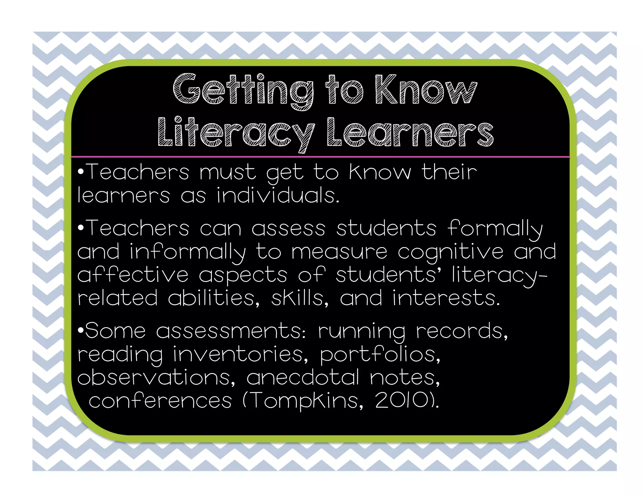 Getting to Know
Literacy Learners
• Teachers must get to know their
learners as individuals.
• Teachers can assess students formally
and informally to measure cognitive and
affective aspects of students’ literacyrelated abilities, skills, and interests.
• Some assessments: running records,
reading inventories, portfolios,
observations, anecdotal notes,
tconferences (Tompkins, 2010).

 