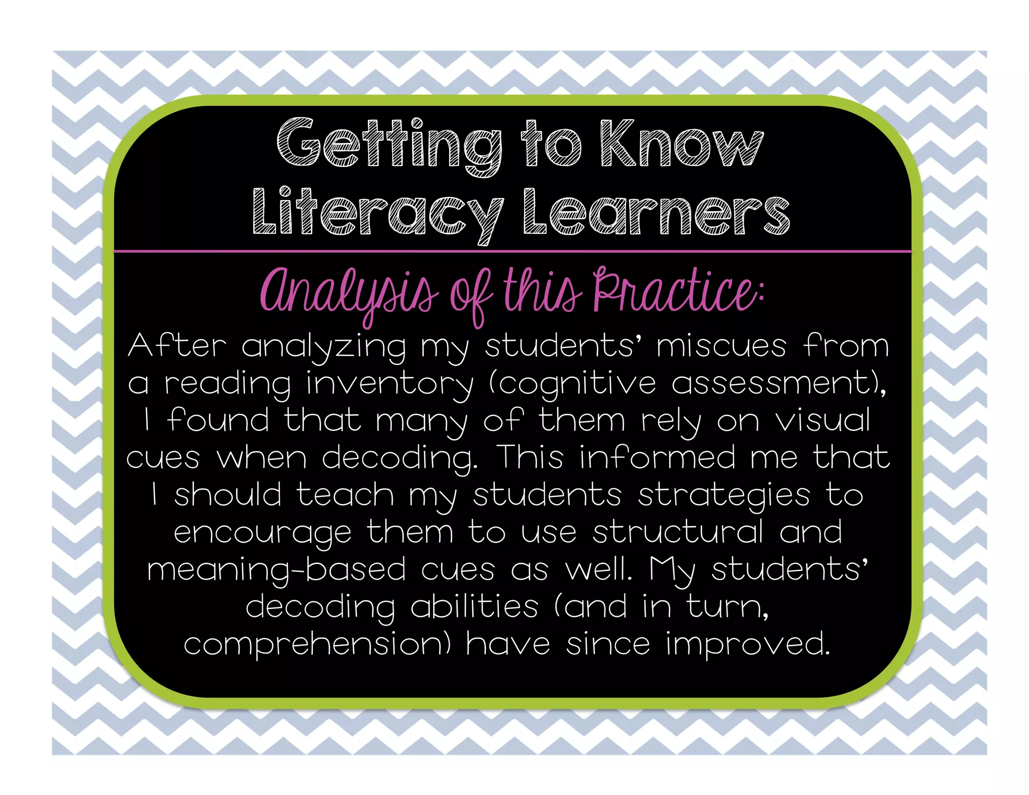 Getting to Know
Literacy Learners

Analysis of this Practice:

After analyzing my students’ miscues from
a reading inventory (cognitive assessment),
I found that many of them rely on visual
cues when decoding. This informed me that
I should teach my students strategies to
encourage them to use structural and
meaning-based cues as well. My students’
decoding abilities (and in turn,
comprehension) have since improved.

 
