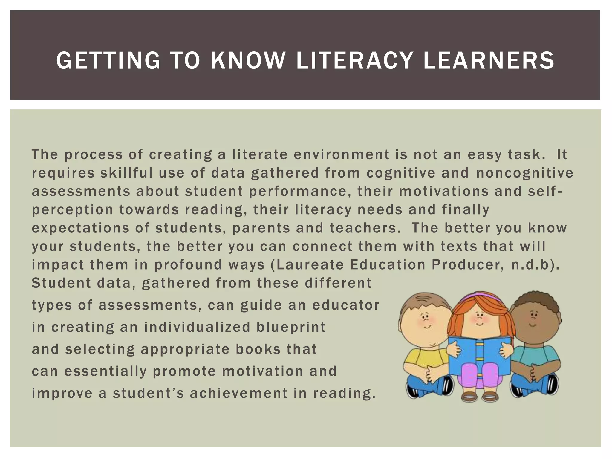 GETTING TO KNOW LITERACY LEARNERS 
The process of creat ing a l i terate envi ronment is not an easy task. I t 
requi res ski l l ful use of data gathered from cogni tive and noncogni tive 
assessments about student per formance, thei r mot ivat ions and sel f - 
percept ion towards reading, thei r l i teracy needs and final ly 
expectat ions of students, parents and teachers. The bet ter you know 
your students, the bet ter you can connect them wi th texts that wi l l 
impact them in profound ways (Laureate Educat ion Producer, n.d.b) . 
Student data, gathered from these di f ferent 
types of assessments, can guide an educator 
in creat ing an individual ized bluepr int 
and selecting appropr iate books that 
can essent ial ly promote mot ivat ion and 
imp r ov e a s t u d e n t ’ s a c h i e v eme n t i n r e a d i n g . 
 