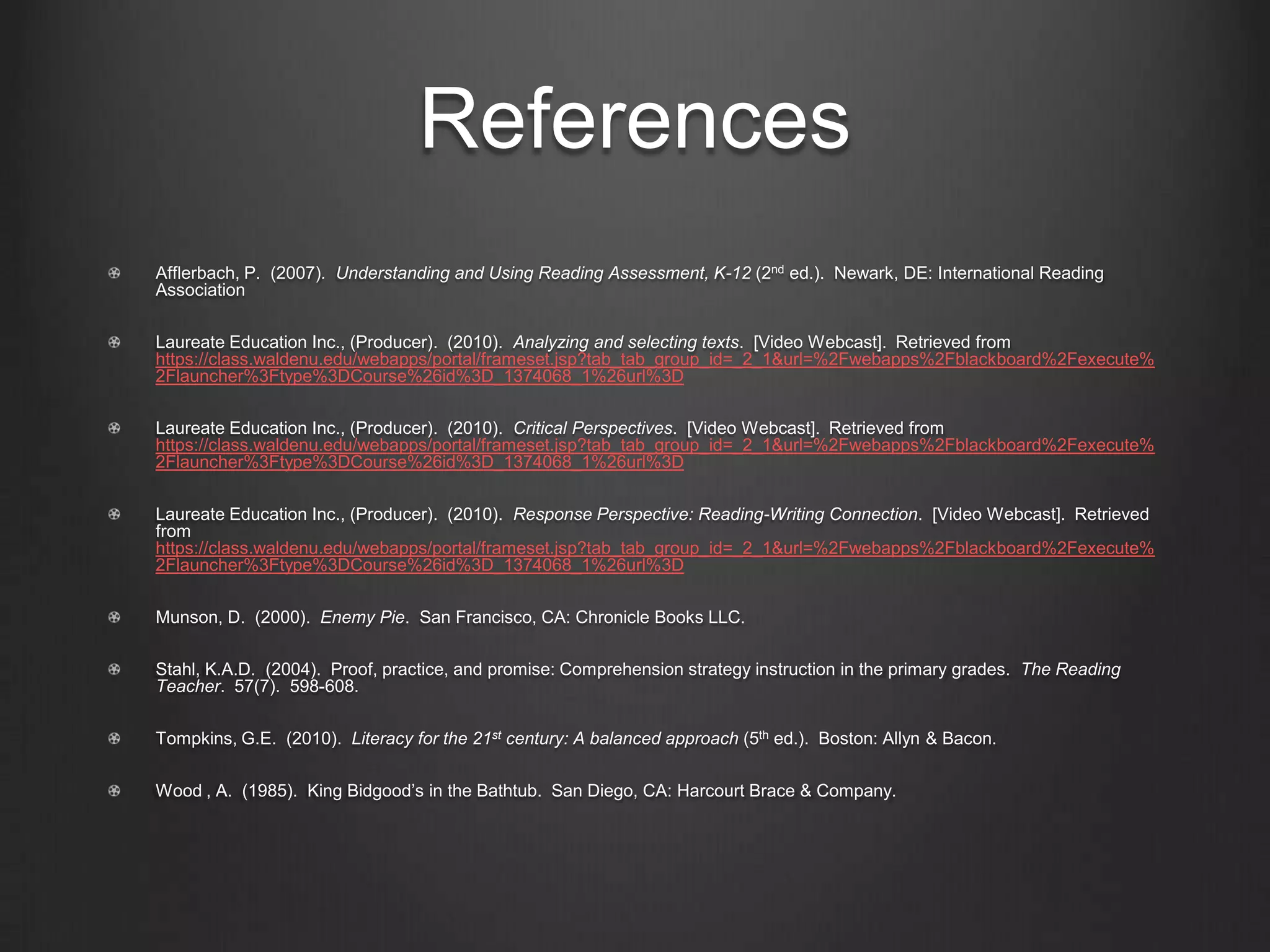 Literacy Lesson: Critical &
      Response Perspectives
              Analysis
Overall, this lesson was a success. I feel that the students related
to Enemy Pie, especially given their prior knowledge that they
gained from their school-wide activity about bullying. They were
able to connect the story to their own lives easily. It seemed that
with each page read, the students had a story to tell or a question
to ask. They also were drawn to the two main characters, and
were empathetic toward them. At the end of the story, the students
discussed what this story reminded them of and drew a picture to
illustrate their thoughts. According to Dr. Vacca, writing (drawing
being the equivalent of at the kindergarten level) lead to new
discoveries about a text (Laureate Education Inc., 2010d). In this
lesson, the student were able to critically analyze the text and their
responses demonstrate what they learned.
 