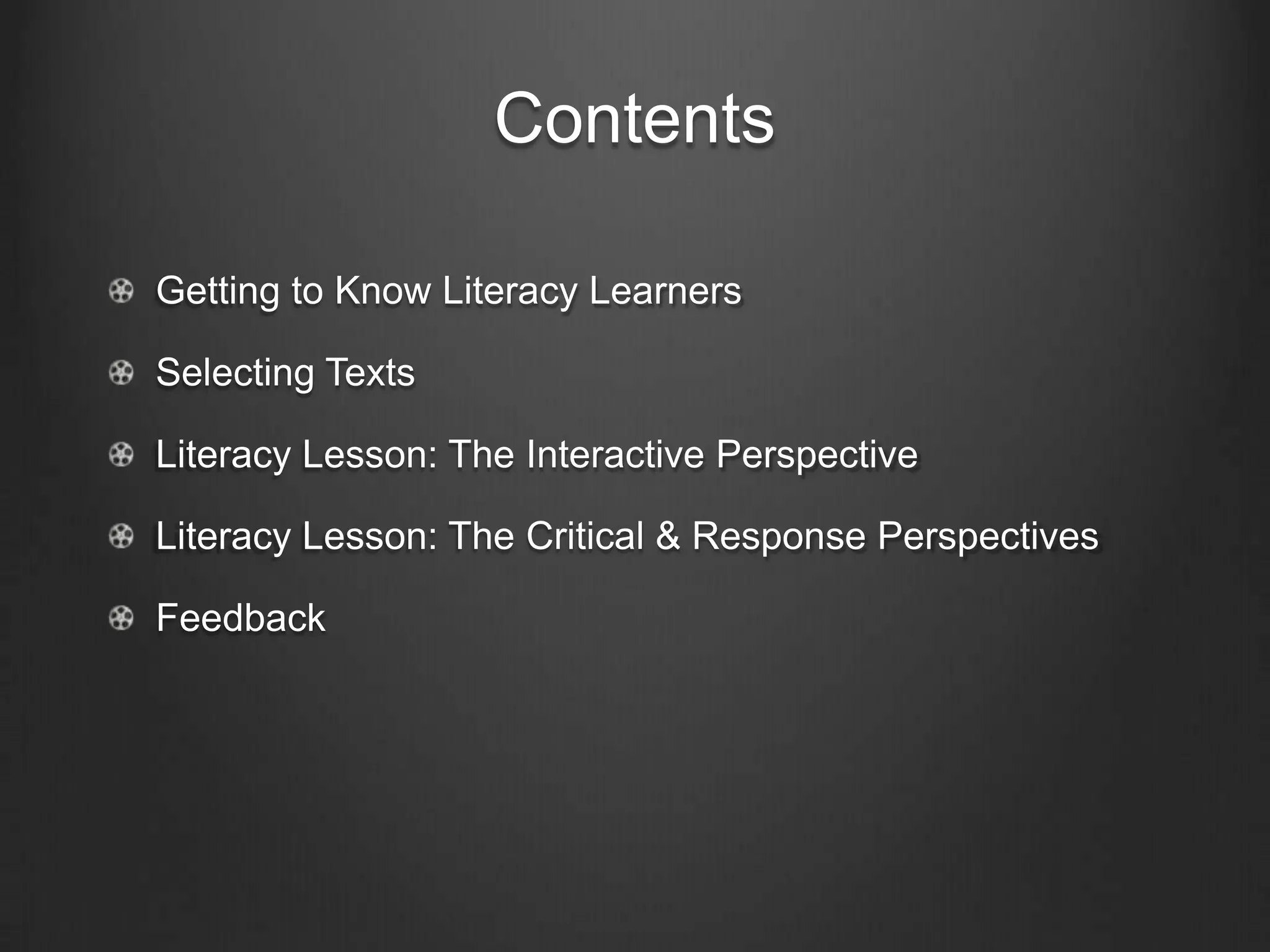 The Literate Environment
 A literate environment is one that promotes reading and
writing by integrating foundational knowledge, instructional
      practices, approaches and methods, curriculum
     materials, and the appropriate use of assessments
         (International Reading Association, 2010).
 