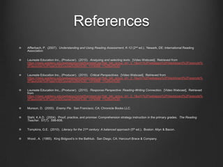 Literacy Lesson: Critical &
      Response Perspectives
              Analysis
Overall, this lesson was a success. I feel that the students related
to Enemy Pie, especially given their prior knowledge that they
gained from their school-wide activity about bullying. They were
able to connect the story to their own lives easily. It seemed that
with each page read, the students had a story to tell or a question
to ask. They also were drawn to the two main characters, and
were empathetic toward them. At the end of the story, the students
discussed what this story reminded them of and drew a picture to
illustrate their thoughts. According to Dr. Vacca, writing (drawing
being the equivalent of at the kindergarten level) lead to new
discoveries about a text (Laureate Education Inc., 2010d). In this
lesson, the student were able to critically analyze the text and their
responses demonstrate what they learned.
 