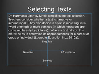 Assessment Tools
  Concepts About Print Test (CAP Test) is a cognitive
  assessment used to assess what children know about
  written language concepts (Tompkins, 2010).
  Elementary Reading Attitude Survey (ERAS) is a non-
  cognitive assessment used by teachers to help them
  understand students’ attitudes toward reading at home
  and at school (Tompkins, 2010).
These assessment are equally important. Cognitive
assessments like the CAP Test help teachers identify
students’ weaknesses or areas of confusion. The non-
cognitive assessments like the ERAS, help teachers to see
what factors influence each child’s learning. They also
reveal students’ interests which a teacher can capitalize on
when it comes to literacy instruction.
 