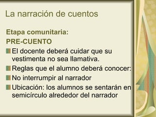 La narración de cuentos Etapa comunitaria: PRE-CUENTO El docente deberá cuidar que su vestimenta no sea llamativa. Reglas que el alumno deberá conocer: No interrumpir al narrador Ubicación: los alumnos se sentarán en semicírculo alrededor del narrador 