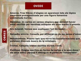 OVIDI OBRES Amores. Tres llibres d’elegies on apareixen tots els tòpics amorosos protagonitzada per una figura femenina anomenada Corina. Heroides: 21 cartes en versos elegíacs que simulen haver estat escrites per heroïnes mítiques als seus marits o amants. Ars Amandi. Versos que expliquen l’art de seduir. Remedia amoris. Consells per alliberar-se de les penes d’amor. Metamorfosis. Poema èpic que narra les transformacions que pateixen diversos éssers de la mitologia. Tristes. Cançons tristes escrites durant l’exili. Ponticae. Elegies escrites en forma de cartes a la seva dona i als seus amics perquè li obtinguin el perdó de l’emperador. 