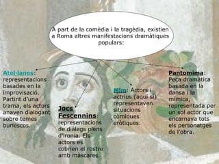 A part de la comèdia i la tragèdia, existien  a Roma altres manifestacions dramàtiques  populars: Atel·lanes : representacions basades en la improvisació. Partint d’una trama, els actors anaven dialogant sobre temes burlescos.  Jocs Fescennins : representacions de diàlegs plens d’ironia. Els actors es cobrien el rostre amb màscares. Mim : Actors i actrius (aquí sí) representaven situacions còmiques eròtiques. Pantomima : Peça dramàtica basada en la dansa i la mímica, representada per un sol actor que encarnava tots els personatges de l’obra. 