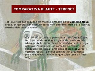 COMPARATIVA PLAUTE - TERENCI Tot i que tots dos seguiren els mateixos models de la  Comèdia Nova  grega, en general van escriure obres molt diferents, fruit de la llibertat creativa dels còmics romans. El s. IV aC la comèdia pateix una transformació tant tècnica com de contingut lligada als canvis socials (desapareix la democràcia i la comèdia perd càrrega política). Passa a ser una comèdia de costums, de llenguatge col·loquial, amb poca obscenitat verbal i vestuari reduït. Té molta comicitat en arguments plens d’equívocs i embolics que solen tenir un final feliç. 