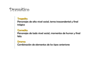 Dramático
   Tragedia:
   Personajes de alto nivel social, tema trascendental y final
   trágico

   Comedia:
   Personajes de todo nivel social, momentos de humor y final
   feliz

   Drama:
   Combinación de elementos de los tipos anteriores
 