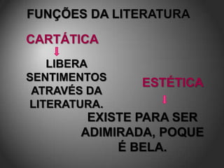 CARTÁTICA
   LIBERA
SENTIMENTOS
              ESTÉTICA
 ATRAVÉS DA
LITERATURA.
        EXISTE PARA SER
       ADIMIRADA, POQUE
            É BELA.
 