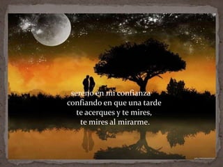 sereno en mi confianza
confiando en que una tarde
   te acerques y te mires,
    te mires al mirarme.
 