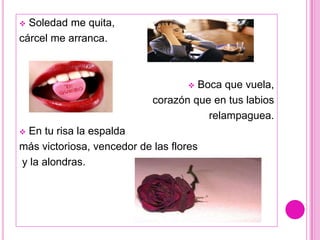  Soledad me quita,
cárcel me arranca.



                                    Boca que vuela,
                            corazón que en tus labios
                                       relampaguea.
En tu risa la espalda
más victoriosa, vencedor de las flores
y la alondras.
 