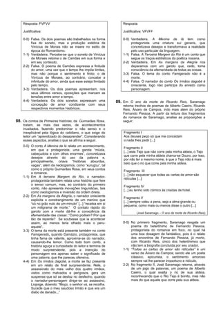 Resposta: FVFVV                                               Resposta:

    Justificativa:                                                Justificativa: VFVFF

    0-0) Falsa. Os dois poemas são trabalhados na forma           0-0) Verdadeira. A Menina de lá tem como
         fixa do soneto, mas a produção estética de                    protagonista uma criatura sui generis, que
         Vinícius de Morais não se insere no estilo de                 concretizava desejos e transformava a realidade
         época do Romantismo.                                          pelo uso particular da linguagem.
    1-1) Verdadeira. Percebe-se que o soneto de Vinícius          1-1) Falsa. A Terceira Margem do Rio é um conto que
         de Moraes retoma o de Camões em sua forma e                   segue os traços estilísticos da poética rosiana.
         em seu conteúdo.                                         2-2) Verdadeira. Em As margens da Alegria nos
    2-2) Falsa. O poema de Camões expressa a finitude                  deparamos com um garoto que, cedo, toma
         do amor, uma vez que o tempo lhe impõe limites,               consciência da efemeridade de todas as coisas.
         mas não porque o sentimento é finito; o de               3-3) Falsa. O tema do conto Famigerado não é a
         Vinícius de Moraes, ao contrário, concebe a                   morte.
         infinitude do amor, ainda que esse esteja limitado       4-4) Falsa. O narrador do conto Os Irmãos dagobé é
         pelo tempo.                                                   onisciente, logo não participa do enredo como
    3-3) Verdadeira. Os dois poemas apresentam, nos                    personagem.
         seus últimos versos, oposições que marcam as
         tensões entre amor e tempo.
    4-4) Verdadeira. Os dois sonetos expressam uma             09. Em O ano da morte de Ricardo Reis, Saramago
         concepção de amor condizente com seus                    retoma trechos de poemas de Alberto Caeiro, Ricardo
         respectivos momentos históricos.                         Reis, Álvaro de Campos, indo mais além do próprio
                                                                  Fernando Pessoa. A partir da leitura dos fragmentos
                                                                  do romance de Saramago, analise as proposições a
08. Os contos de Primeiras histórias, de Guimarães Rosa,          seguir.
    tratam, as mais das vezes, de acontecimentos
    inusitados, fazendo predominar o não senso e o
    inexplicável pela lógica do cotidiano, o que exige do          Fragmento I
    leitor um “aprendizado do desaprender”. Considerando           Aos deuses peço só que me concedam
    esses aspectos, analise o que se afirma a seguir.              o nada lhes pedir [...]
    0-0) O conto A Menina de lá relata um acontecimento,
                                                                   Fragmento II
         em que a protagonista, uma garota “miúda,
                                                                   [...] este Tejo que não corre pela minha aldeia, o Tejo
         cabeçudota e com olhos enormes”, concretizava
                                                                   que corre pela minha aldeia chama-se Douro, por isso,
         desejos através do uso da palavra e,
                                                                   por não ter o mesmo nome, é que o Tejo não é mais
         principalmente, criava “histórias absurdas,
                                                                   belo que o rio que corre pela minha aldeia.
         vagas”, além de neologismos, como “xurugou”, tal
         como o próprio Guimarães Rosa, em seus contos
                                                                   Fragmento III
         e romance.
                                                                   [...] não esquecer que todas as cartas de amor são
    1-1) Em A terceira Margem do Rio, o narrador-
                                                                   ridículas [...]
         protagonista também relata uma história que fere
         o senso comum, mas, ao contrário do primeiro
                                                                   Fragmento IV
         conto, não apresenta inovações linguísticas, tais
                                                                   [...] eu tenho sido cómico às criadas de hotel.
         como neologismos e inversão da ordem direta.
    2-2) Em As margens da Alegria, o narrador onisciente
                                                                   Fragmento V
         explicita o constrangimento de um menino que
                                                                   [...] sempre valeu a pena, seja a alma grande ou
         “só no grão nulo de um minuto” [...] “recebia em si
                                                                   pequena, como mais ou menos disse o outro [...]
         um miligrama de morte.” O contato rápido do
         garoto com a morte dá-lhe a consciência da                         (José Saramago – O ano da morte de Ricardo Reis)
         efemeridade das coisas: “Como podiam? Por que
         tão de repente? Se soubesse que ia acontecer
         assim, ao menos teria olhado mais o peru-                0-0) No primeiro fragmento, Saramago resgata um
         aquele”.                                                      poema do heterônimo de Fernando Pessoa,
    3-3) O tema da morte está presente também no conto                 protagonista do romance em foco, no qual há
         Famigerado, quando Damázio, protagonista, que                 uma boa dosagem de fantástico, pois é o relato
         tinha fama de valente, aproxima-se do narrador,               dos encontros de Fernando Pessoa, já morto,
         causando-lhe temor. Como todo bom conto, a                    com Ricardo Reis, único dos heterônimos que
         história aguça a curiosidade do leitor e termina de           não tem a biografia concluída por seu criador.
         modo surpreendente, pois a intenção do                   1-1) “Todas as cartas de amor são ridículas” é um
         personagem era apenas saber o significado de                  verso de Álvaro de Campos; sendo ele um poeta
         uma palavra, que lhe pareceu ofensiva.                        clássico, epicurista, o sentimento amoroso
    4-4) Em Os Irmãos dagobé, a morte se faz presente                  sempre vai lhe parecer inoportuno e ridículo.
         em um relato de final surpreendente. Nele, o             2-2) No fragmento II, José Saramago retoma, através
         assassinato do mais velho dos quatro irmãos,                  de um jogo de palavras, um poema de Alberto
         vistos como malvados e perigosos, gera um                     Caeiro, o qual exalta o rio de sua aldeia,
         suspense que só se desfaz no desfecho, quando                 reconhecendo que o Rio Tejo é bonito, mas não
         o narrador-personagem dirige-se ao assassino,                 mais do que aquele que corre pela sua aldeia.
         Liojorge, dizendo: “Moço, o senhor vá, se recolha.
         Sucede que o meu saudoso Irmão é que era um
         diabo de danado...”
 