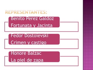 Benito Perez Galdoz
Fortunata y Jacinta

Fedor Dostoievski
Crimen y castigo

Honore Balzac
La piel de zapa
 