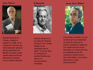 Luis Mateo                  Eduardo                     Juan José Millas
Díez                        Mendoza




Estudió Derecho en                                   Columnista y escritor, en sus
                            Estudió Derecho en
Oviedo y Madrid e                                    comienzos fue considerado
                            los años 60. Marchó
ingresó en 1969, en el                               un autor de culto por la
                            a Nueva York, donde
Cuerpo de Técnicos de                                crítica. Ayudado en parte por
                            trabajó como
Administración General                               sus colaboraciones como
                            interprete para la
del Ayuntamiento de                                  articulista en el diario El País,
                            ONU. Ya en los años
Madrid. En esta ciudad                               en la década de los 80
                            70 comenzó su
reside desde entonces                                comenzó a contar con el
                            carrera literaria que,
alternando la oficina                                favor del público y sus obras
                            obtuvo un
con la creación literaria                            obtuvieron un gran
                            reconocimiento
                                                     reconocimiento
                            inmediato
 