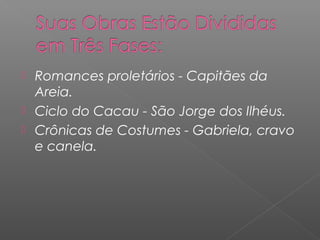  Romances proletários - Capitães da
Areia.
 Ciclo do Cacau - São Jorge dos Ilhéus.
 Crônicas de Costumes - Gabriela, cravo
e canela.
 