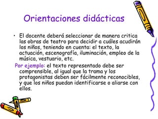 Orientaciones didácticas 
• El docente deberá seleccionar de manera critica 
las obras de teatro para decidir a cuáles acudirán 
los niños, teniendo en cuenta: el texto, la 
actuación, escenografía, iluminación, empleo de la 
música, vestuario, etc. 
Por ejemplo: el texto representado debe ser 
comprensible, al igual que la trama y los 
protagonistas deben ser fácilmente reconocibles, 
y que los niños puedan identificarse o aliarse con 
ellos. 
 