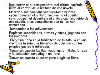 • Recuperar el hilo argumental del último capítulo 
leído al continuar la lectura de una novela. 
• Narrar a sus compañeros cuentos o relatos 
escuchados en el ámbito familiar, o el cuento 
relatado por el docente o el último capítulo leído de 
una novela, a los compañeros que no los han 
escuchado. 
• Responder a las adivinanzas. 
• Explorar sonoridades, ritmos y rimas, jugando con 
las palabras. 
• Elegir un libro en la biblioteca de la sala –o en una 
visita de la sala a la librería– de acuerdo con los 
propios gustos e intereses. 
• Tomar en cuenta las ilustraciones, el título, la tapa 
y la colección para elegir un libro. 
• Tomar en cuenta el autor para elegir un libro. 
 