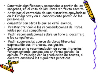 • Construir significados y secuencias a partir de las 
imágenes, en el caso de los libros sin texto escrito. 
• Anticipar el contenido de una historieta apoyándose 
en las imágenes y en el conocimiento previo de los 
personajes. 
• Comentar con otros lo que se está leyendo. 
• Prestar atención a las recomendaciones de libros 
leídos por sus compañeros. 
• Pedir recomendaciones sobre un libro al docente o 
a los compañeros. 
• Pedir sugerencias acerca de obras literarias 
expresando sus intereses, sus gustos. 
• Iniciarse en la recomendación de obras literarias 
fundamentando, aunque sea en forma parcial, la 
opinión. En relación con la producción de textos, el 
docente enseñará las siguientes prácticas. 
• 
 