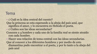 Tema
• ¿ Cuál es la idea central del cuento?
Que la princesa se esta esperando a la abeja del país azul, que
significa el amor, y lo encuentra en Heliodo el poeta.
• ¿ Cuáles son las ideas secundarias?
Conocen a 4 hombre y cada uno de la familia real se siente atraído
con cada hombre.
• Hacer una relación de tema central con las ideas secundarias.
Que al conocer a los diferentes hombres y por medio de esto
diamantina pudo encontrar a el poeta, y por lo tanto a la abeja del
país azul
 
