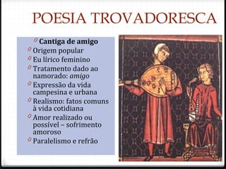 POESIA TROVADORESCA
0 Cantiga de amigo
0 Origem popular
0 Eu lírico feminino
0 Tratamento dado ao
namorado: amigo
0 Expressão da vida
campesina e urbana
0 Realismo: fatos comuns
à vida cotidiana
0 Amor realizado ou
possível – sofrimento
amoroso
0 Paralelismo e refrão
45
 
