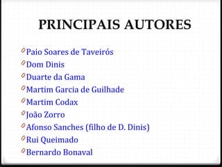 PRINCIPAIS AUTORES
0 Paio Soares de Taveirós
0 Dom Dinis
0 Duarte da Gama
0 Martim Garcia de Guilhade
0 Martim Codax
0 João Zorro
0 Afonso Sanches (filho de D. Dinis)
0 Rui Queimado
0 Bernardo Bonaval 65
 