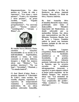 24
hispanoamericana. La obra
poetica es: "Canto de vida y
esperanza", "Los cisnes y otros
poemas", "Canto a la Argentina
y otros poemas", en prosa
escribió, "Azul", "España
contemporánea y
peregrinaciones", "La caravana
pasa", "Tierras solares",
"Autobiografía", "Abrojos y
Rimas", etc.
B) Amado Nervo (México). Poeta,
cuentista y ensayista.
Inconfundible en su novela es la
individualidad. Espiritualista,
delicado y triste, su tema
constante es el amor, doloroso,
inseguro y frágil. Sus mejores
obras son: "Místicas", "Los
jardines interiores", "En voz
baja", "Serenidad", "Plenitud, y
"La amada inmóvil".
C) José Martí (Cuba). Poeta y
prosista, llamado el "Libertador
de Cuba"; como escritor, fue
sencillo, elegante, espontáneo y
expresivo, de temperamento
romántico y características
modernistas. De sus obras
poéticas sobresalen Ismaelillo,
Versos Sencillos y la Flor de
Destierro; en prosa, Amistad
Funesta, Romana, La Edad de
Oro y Nuestra América.
D) José Asunción Silva
(Colombia) Resucitó viejas rimas,
prefiriendo entre todas el
dodecasílibo. Miembro
importante del Modernismo, en
donde sobresalió por su
melancólico lirismo. Sus obras
más representativas son Día de
Difuntos, Nocturno, Ronda, Luz
de Luna y Vejeces. También
cultivó la prosa con bastante
fortuna, ejemplo de ello son sus
Cuentos Negros.
E) Leopoldo Lugones
(Argentina). Poeta habilísimo, de
portentosas facultades
asimilativas y de retórica
formidable, de grandes
entusiasmos de violencia
pasional. Sobresale por fuerza de
la fantasía, que lo arrastra
envuelto en metáforas
ultragongorinas. Atrayente y
sugestivo, es para algunos críticos
el mejor poeta argentino de los
últimos tiempos. Sus mejores
obras son: "Las montañas de
oro", "Lunario sentimental",
"Los crepúsculos del jardín",
"Odas seculares", y "Poemas
solariegos".
 