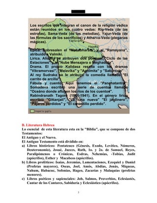 3
Los escritos que integran el canon de la religión védica
están reunidos en los cuatro vedas: Rig-Veda (de las
estrofas), Sama-Veda (de las melodías), Yajur-Veda (de
las fórmulas de los sacrificios) y Atharva-Veda (plegarias
mágicas).
Epica. Sobresalen el "Mahabharata" y el "Ramayana",
atribuido a Valmiki.
Lírica. Alidasa se atribuyen dos poemas: "Ciclo de las
Estaciones" y la "Nube Mensajera o Meghaduta".
Drama. El propio Kalidasa resalta con los dramas
"Vikramorvasi". "Malavika" y "Agnimita" y "Sakuntala"
Al rey Sudraka se le atribuye la comedia llamada "El
carrito de arcilla".
Fábula y cuento. Aquí tenemos el "Panchatantra":
Somadeva escribió una serie de cuentos llamada
"Oceáno donde afluyen los ríos de los cuentos".
Rabindranath Tagore (1861-1941). En el género lírico
escribió "Gittanjali", "La luna nueva" "El jardinero",
"Pájaros perdidos" y "El canastillo perdido".
B. Literatura Hebrea
Lo esencial de esta literatura esta en la "Biblia", que se compone de dos
Testamentos:
El Antiguo y el Nuevo.
El Antiguo Testamento está dividido en:
a) Libros históricos: Pentateuco (Génesis, Exodo, Levítico, Números,
Deuteronomio), Josué, Jueces, Ruth, 1o. y 2o. de Samuel, Reyes,
Paralipómenos o Crónicas, Esdras, Nehemías, -Tobías, Judit
(apócrifos), Esther y Macabeos (apócrifos).
b) Libros proféticos: Isaías, Jeremías, Lamentaciones, Ezequiel y Daniel
(Profetas mayores), Oseas, Joel, Amós, Abdias, Jonás, Miqueas,
Nahum, Habacuc, Sofonías, Hageo, Zacarías y Malaquías (profetas
menores).
c) Libros poéticos y sapienciales: Job, Salmos, Proverbios, Eclesiastés,
Cantar de los Cantares, Sabiduría y Eclesiástico (apócrifos).
 