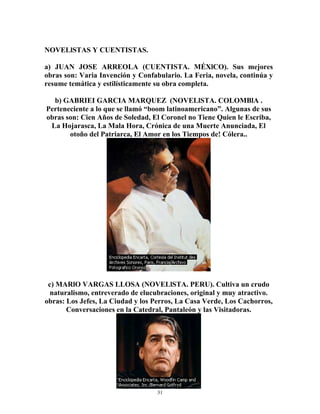 31
NOVELlSTAS Y CUENTISTAS.
a) JUAN JOSE ARREOLA (CUENTISTA. MÉXlCO). Sus mejores
obras son: Varia Invención y Confabulario. La Feria, novela, continúa y
resume temática y estilísticamente su obra completa.
b) GABRIEI GARCIA MARQUEZ (NOVELlSTA. COLOMBlA .
Perteneciente a lo que se llamó “boom latinoamericano”. Algunas de sus
obras son: Cien Años de Soledad, El Coronel no Tiene Quien le Escriba,
La Hojarasca, La Mala Hora, Crónica de una Muerte Anunciada, El
otoño del Patriarca, El Amor en los Tiempos de! Cólera..
c) MARlO VARGAS LLOSA (NOVELlSTA. PERU). Cultiva un crudo
naturalismo, entreverado de elucubraciones, original y muy atractivo.
obras: Los Jefes, La Ciudad y los Perros, La Casa Verde, Los Cachorros,
Conversaciones en la Catedral, Pantaleón y las Visitadoras.
 