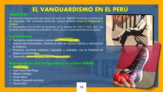 19
EL VANGUARDISMO EN EL PERÚ
CONTEXTO
Se denomina Vanguardismo al conjunto de todos los “ISMOS” modernos o movimientos
de vanguardia. Son reacciones profundas, aunque efímeras contra lo tradicional y
caduco.
El Vanguardismo en el Perú se apreciará en la década de 1920 a 1930, pero sus
primeras manifestaciones se remontan a 1915, y se va a notar sobre todo en la poesía.
Características
✓ Tendencia revolucionaria y subversiva frente al pasado.
✓ Actitud internacionalista, dotando al arte de nuevos valores y rechazando
la imitación.
✓ Practican doctrinas estéticas originales y radicales, con la finalidad de
destruir la tradición.
✓ Desarrolla temas sociales, de protesta y crítica.
Representantes del Vanguardismo en el Perú VERSO:
✓ César Vallejo
✓ Juan Parra del Riego
✓ Alberto Hidalgo
✓ César Moro
✓ Carlos Oquendo de Amat
✓ Xavier Abril
 