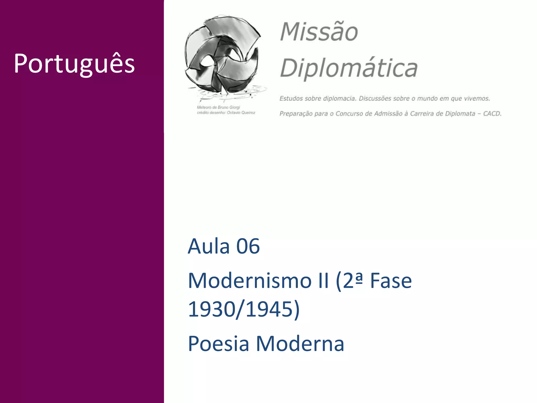 Português
Aula 06
Modernismo II (2ª Fase
1930/1945)
Poesia Moderna