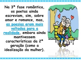 Na 3ª fase romântica,
os poetas ainda
escreviam, sim, sobre
amor e romance, mas,
as poesias eram mais
voltadas para a
realidade, embora ainda
mantivessem
características da 2ª
geração (como a
idealização da mulher).
 
