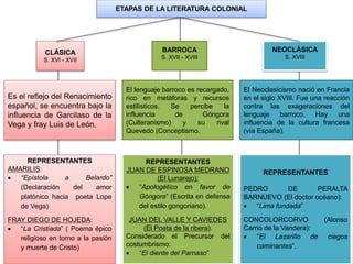 CLÁSICA 
S. XVI - XVII 
ETAPAS DE LA LITERATURA COLONIAL 
NEOCLÁSICA 
S. XVIII 
BARROCA 
S. XVII - XVIII 
Es el reflejo del Renacimiento 
español, se encuentra bajo la 
influencia de Garcilaso de la 
Vega y fray Luis de León. 
El lenguaje barroco es recargado, 
rico en metáforas y recursos 
estilísticos. Se percibe la 
influencia de Góngora 
(Culteranismo) y su rival 
Quevedo (Conceptismo. 
El Neoclasicismo nació en Francia 
en el siglo XVIII. Fue una reacción 
contra las exageraciones del 
lenguaje barroco. Hay una 
influencia de la cultura francesa 
(vía España). 
REPRESENTANTES 
AMARILIS: 
 “Epístola a Belardo” 
(Declaración del amor 
platónico hacia poeta Lope 
de Vega) 
FRAY DIEGO DE HOJEDA: 
 “La Cristiada” ( Poema épico 
religioso en torno a la pasión 
y muerte de Cristo) 
REPRESENTANTES 
JUAN DE ESPINOSA MEDRANO 
(El Lunarejo): 
 “Apologético en favor de 
Góngora” (Escrita en defensa 
del estilo gongoriano). 
JUAN DEL VALLE Y CAVIEDES 
(El Poeta de la ribera). 
Considerado el Precursor del 
costumbrismo: 
 “El diente del Parnaso” 
REPRESENTANTES 
PEDRO DE PERALTA 
BARNUEVO (El doctor océano): 
 “Lima fundada” 
CONCOLORCORVO (Alonso 
Carrio de la Vandera): 
 “El Lazarillo de ciegos 
caminantes”. 
 