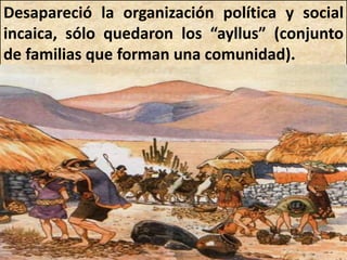Desapareció la organización política y social 
incaica, sólo quedaron los “ayllus” (conjunto 
de familias que forman una comunidad). 
 