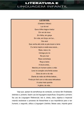 LUZ DO SOL
(Caetano Veloso)
Luz do sol
Que a folha traga e traduz
Em ver de novo
Em folha, em graça
Em vida, em força, em luz...
Céu azul
Que venha até onde os pés tocam a terra
E a terra inspira e exala seus azuis...
Reza, reza o rio
Córrego pro rio
Rio pro mar
Reza correnteza
Roça a beira
A doura areia...
Marcha um homem sobre o chão
Leva no coração uma ferida acesa
Dono do sim e do não
Diante da visão da infinita beleza...
Finda por ferir com a mão essa delicadeza
A coisa mais querida
A glória, da vida...
Veja que, apesar da semelhança do conteúdo, os textos têm finalidades
distintas e, portanto, fazem uso de linguagens específicas. Enquanto o primeiro
faz uso da Linguagem Referencial, isto é, direta, clara, objetiva e imparcial
visando esclarecer o processo de fotossíntese e sua importância para o ser
humano, o segundo, utiliza a Linguagem Literária. Nesse caso, importa gerar
 