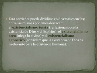  Esta corriente puede dividirse en diversas escuelas;
entre las mismas podemos destacar:
el existencialismo teísta (reflexiona sobre la
existencia de Dios y el Espíritu), el existencialismo
ateo (niega lo divino) y el existencialismo
agnóstico (considera que la existencia de Dios es
irrelevante para la existencia humana).
 