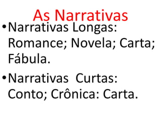 As Narrativas
•Narrativas Longas:
 Romance; Novela; Carta;
 Fábula.
•Narrativas Curtas:
 Conto; Crônica: Carta.
 