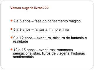 Vamos sugerir livros???
2 a 5 anos – fase do pensamento mágico
5 a 9 anos – fantasia, ritmo e rima
9 a 12 anos – aventura, mistura de fantasia e
realidade
12 a 15 anos – aventuras, romances
sensacionalistas, livros de viagens, histórias
sentimentais.
 