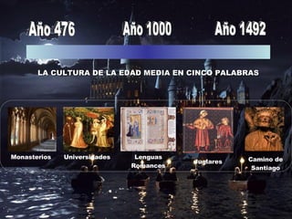 Año 476 Año 1000 Año 1492 LA CULTURA DE LA EDAD MEDIA EN CINCO PALABRAS Monasterios Universidades Lenguas Romances Juglares Camino de Santiago 