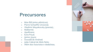Precursores
■ Max Bill (artes plásticas);
■ Pierre Schaeffer (música);
■ Vladimir Mayakovsky (poesia).;
■ Mallarmé;
■ Apollinare;
■ Ezra Poud;
■ James Joyce;
■ Oswald de Andrad;
■ João Cabral de Melo Neto;
■ Além dos futuristas e dadaístas.
 